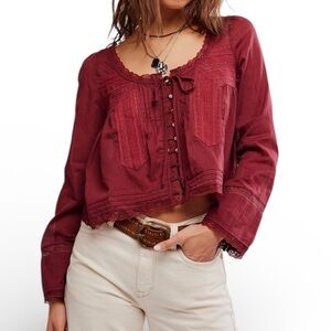 Free People Evermore Lace Inset Semisheer Top, Size MEDIUM